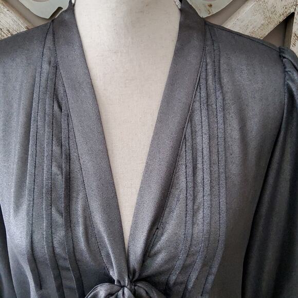 Decree Women's Junior 3/4 Sleeve, Button Tie Front Sheer Top in Metallic Silver - Picture 3 of 6